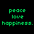 Green pixelated text 'peace', 'love', and 'happiness.' appears on black background with yellow rectangular overlays shifting positions across frames.