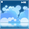 Animated sequence of blue and white cloud shapes floating against a dark blue background with 'HE' text in the top-right corner.