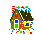 Pixelated gingerbread house with brown walls, colorful windows, and red-and-white striped chimney emitting smoke.