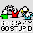Pixel art animation of four cartoon figures with white heads and colored bodies, performing synchronized movements above text reading "GO CRAZY GO STUPID".