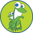 Green frog-like creature with white belly and blue eyes stands on circular yellow-green background bordered by dark blue pixels.