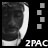 Static grayscale buddy icon featuring a stylized face with high-contrast shading and four small squares aligned vertically on the right side, with pixelated text at the bottom.