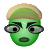 Pixelated green face with light brown cap, black eyebrows, gray glasses, and open mouth on gray background.