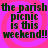A static image with a pink and purple spiral background displaying repeated text about a parish picnic.