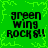 Green background with pixelated text reading 'green wing rock!!' in four identical quadrants, surrounded by a green pixelated border.