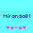 Two identical pixelated text strings "MirandaB1" in blue on cyan background, each followed by five pink and purple star-like symbols.