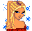 Pixel art contact sheet of a 7-frame animated buddy icon featuring a blonde woman, green turtles, and text elements on a blue snowflake background.