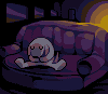 Pixel art of a dog lying on a purple couch under a blanket, with a dark room background featuring framed pictures and a sunset.