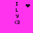 Pixelated icon with vertical text "ILY" and "<3" on bright pink background, featuring three distinct animation states: heart, starburst, and dot cluster.
