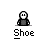Pixelated character with blank face and dark clothing, holding red object in various poses with text "Shoe" below.