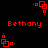 Red pixel art displays repeating 'Bethany' text and four distinct square-based icons on black background, with visible animation changes between frames.