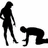 Two black silhouettes on white background; one standing, one kneeling. Pink with pixelated text