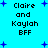 Pixelated text reads "Claire and Kaylah BFF" on a bright cyan background with scattered blue plus signs.