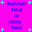 Bright pink background with blue text reading "summer time is camp time" and cyan plus signs scattered throughout.