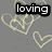 Gray background with multiple light yellow heart outlines and three black text boxes containing 'loving', '.him', and 'xoxo' in white pixelated font.