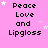 Pixelated text 'Peace Love and Lip gloss' repeated in a on pink background with white stars, one partially obscured by gray rectangle
