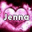 Pink heart-shaped background with white text reading "Jenna Lindsey" above two hearts containing equals sign and "BFF" text.