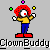 Pixelated clown character with red hair, yellow shirt, blue pants, and red shoes juggling colored balls against gray background.