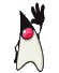 A white, triangular-shaped character with a black pointed hat and red circular eye waves its right hand against a gray background.