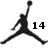 Black silhouette of a basketball player in mid-air jump shot pose with outstretched arms and legs, next to black numerals "14" on white background.