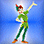 Pixelated character in green tunic and brown shoes stands against blue gradient background with one arm raised high.