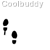 Animated contact sheet of 11 sequential frames showing a black silhouette footstep animation with varying positions and orientations on white background, each frame labeled "Coolbuddy" in light gray text above.
