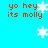 Pixelated blue background with red text 'yo hey its molly' and white snowflakes in a pattern