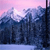 Pixelated landscape with pink and purple sky, dark blue trees, and light blue ground under a bright white sun.
