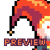 Pixel art icon of a character with purple hair and red highlights, holding a black staff with an orange gem, standing against a gray background with 'PREVIEW' text below.