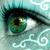 A close-up of a stylized eye with green-yellow iris, black pupil, and white highlights, surrounded by light blue skin and white swirling patterns.