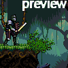 Pixel art scene of armored figure holding sword on grassy cliff edge with swamp background and 'preview' text at top.