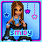 Pixel art buddy icon featuring a female character with long brown hair in a blue tank top and black pants, displayed as two animated frames on a light blue background with hanging star decorations and the text 'smid' at the bottom.