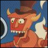 A cartoonish red demon with yellow horns, wide eyes, and a toothy grin against a blue background with white flame-like shapes.