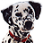 Pixelated image of a Dalmatian dog's head and upper body with black spots on white fur, wearing a red collar against a plain background.
