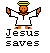 Pixel art icon of a figure with orange skin, yellow halo, and white robe holding orange objects above head; text below reads "Jesus saves" in black block letters.
