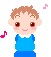 A 4-frame pixel art contact sheet showing a cartoon boy in blue clothing with changing facial expressions and floating pink musical notes against a gray background.