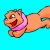 Pixelated orange cat-like creature with pink collar running across blue background in animated contact sheet frames