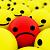 Red cartoon character with large black eyes and a downturned mouth against yellow background with scattered dark spots.