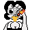 Pixel art character with black hair, large eyes, yellow mouth, and red/orange flame-like mark on right cheek holding a white object against white background.