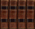 Pixelated image of brown book spines on left and open book pages on right against brown background.