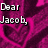 A static image with a repeating pattern of pink and dark purple hearts on a textured background, featuring pixelated text reading "Dear Jacob," and "I win.".