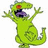 Pixelated green dinosaur with red eye, purple mouth interior, and raised arms against white background.