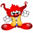 Pixelated red clown figure with exaggerated features, yellow vest, blue pants, and large red shoes on white background with bold red text.