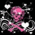 Animated pink skull with crossbones surrounded by hearts and swirls on black background, transitioning to a pink bow on skull with splatter effect on gray background.