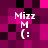 Pixelated icon with 'Mizz M (:' text over magenta and black checkered background, showing animation changes in pixel positions.