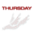 A 3x2 contact sheet of six animated frames showing a pixelated text-based animation with repeated 'THURSDAY' and 'THE TIME' phrases alongside blurred hand graphics on white backgrounds, alternating between red and white text on dark or light panels.