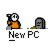 Animated contact sheet of pixel art buddy icons featuring a stick figure character with orange shirt and white head, showing various poses including digging graves, sitting at desks, and interacting with computers, alongside text bubbles and tombstone props.