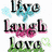 Animated icon with text 'Live Laugh Love' in stylized fonts, floral accents, and a cartoon couple hugging with a red heart.
