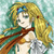 Pixelated image of a figure with long blonde hair, closed eyes, and a brown scarf against a light blue background.