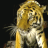 Pixelated tiger with golden-brown fur and dark stripes, standing against a black background.